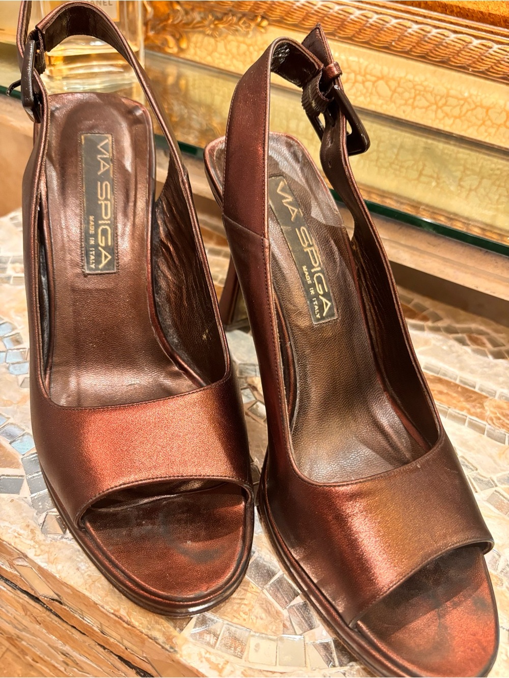Via Spiga Women's Brown Metallic Slingback Heels